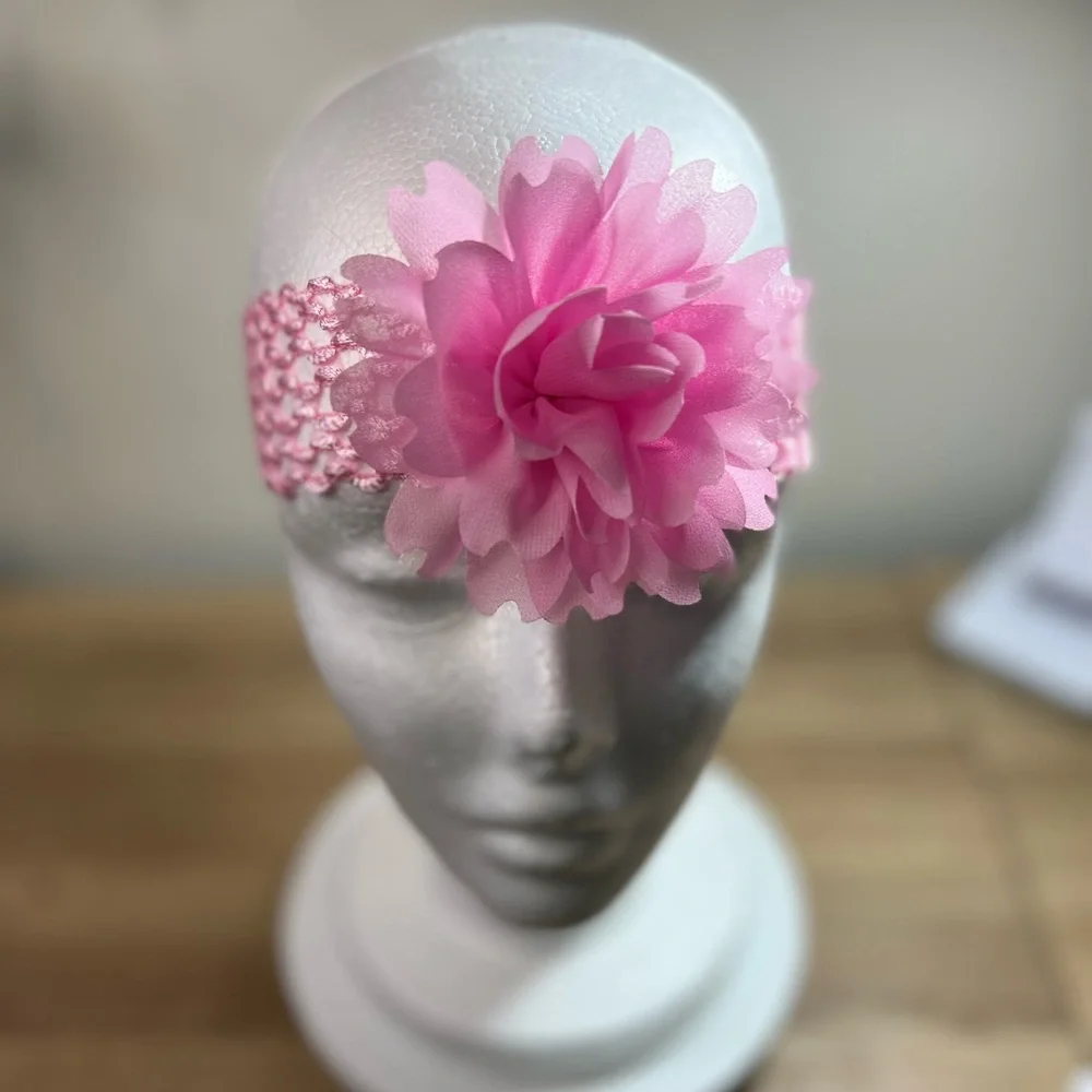 Baby Girl Pink Crochet Flower Headband | Soft Stretch Elastic | Newborn–Toddler